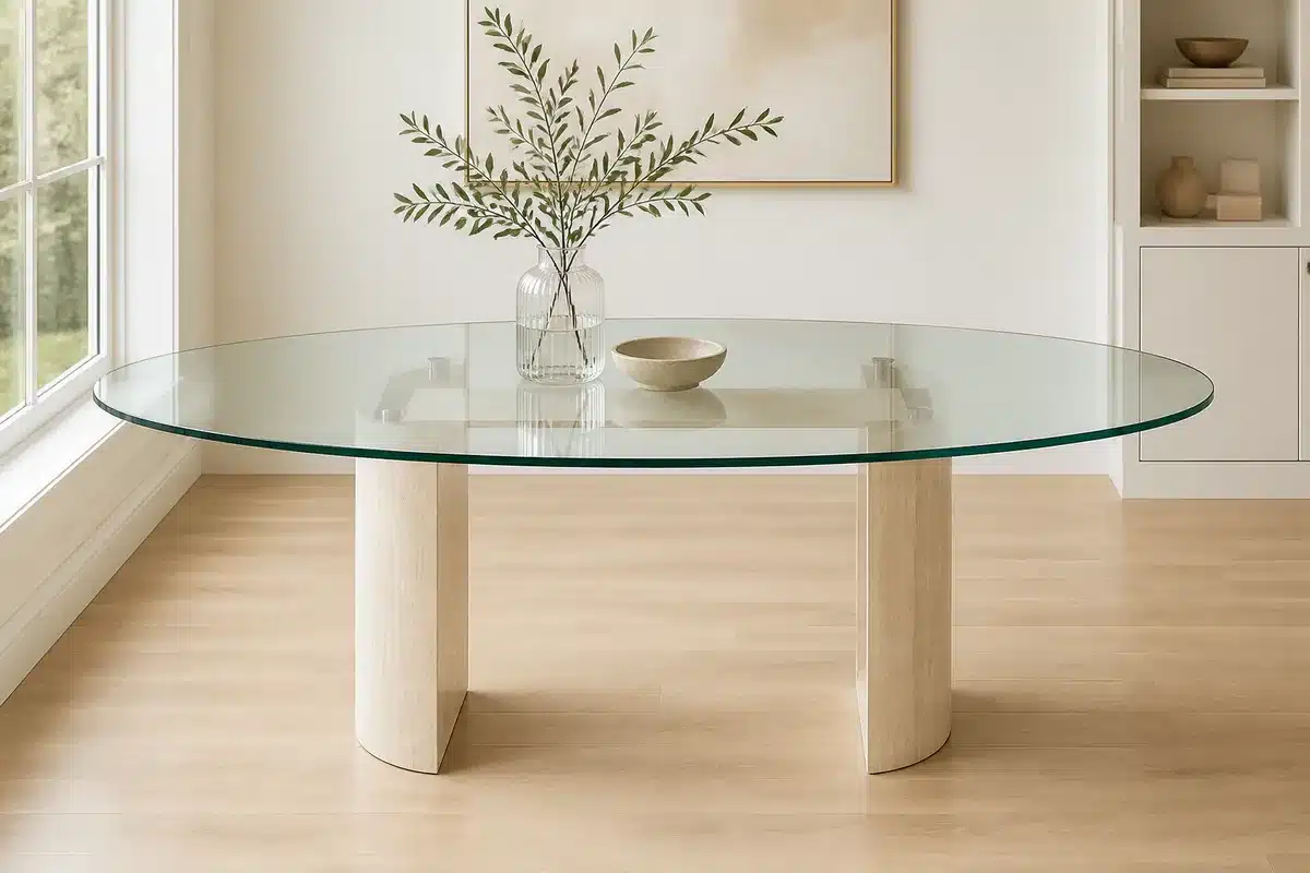Mesa ovalada de cristal a medida con canto pulido