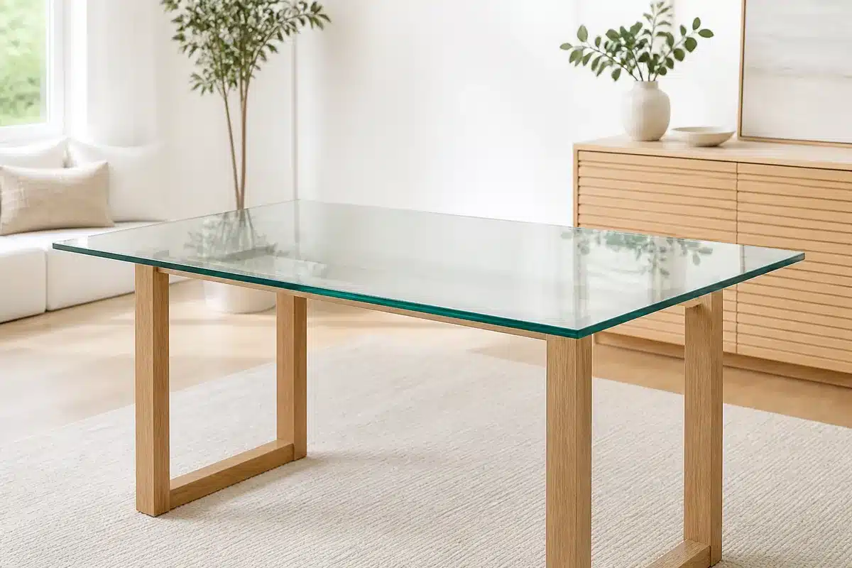 Mesa rectangular de cristal a medida con canto pulido